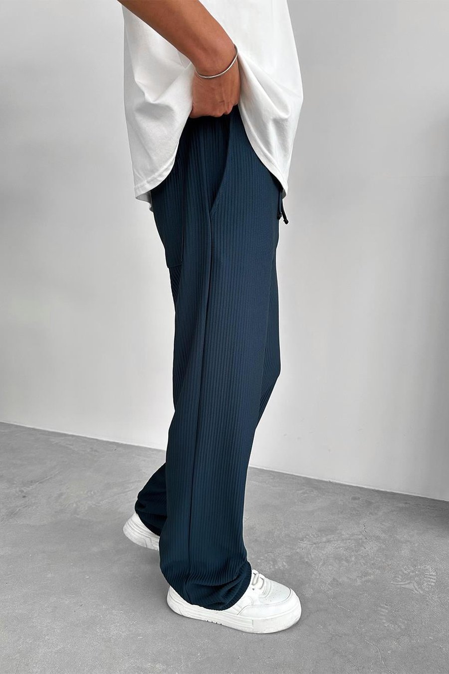 Petrol Beli Lastikli Fitilli Baggy Pantolon