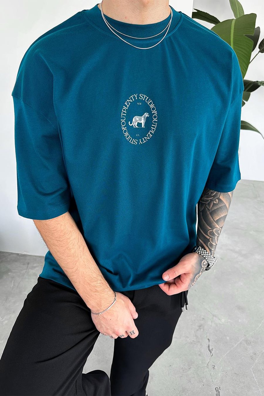 Petrol Minimal Tiger Baskılı Oversize Tişört