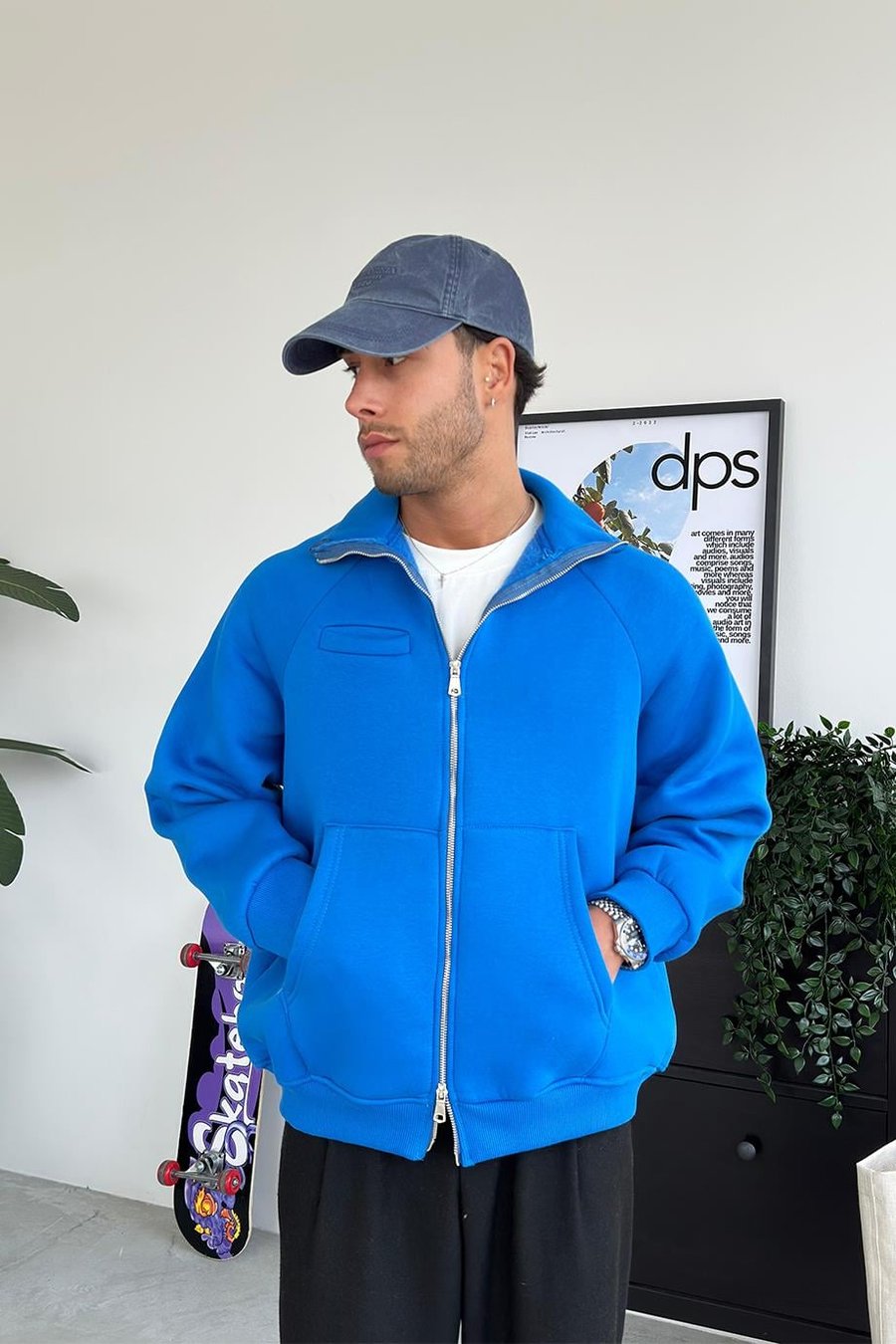 Saks Mavi Cozy Basic Çift Fermuar Oversize Sweatshirt