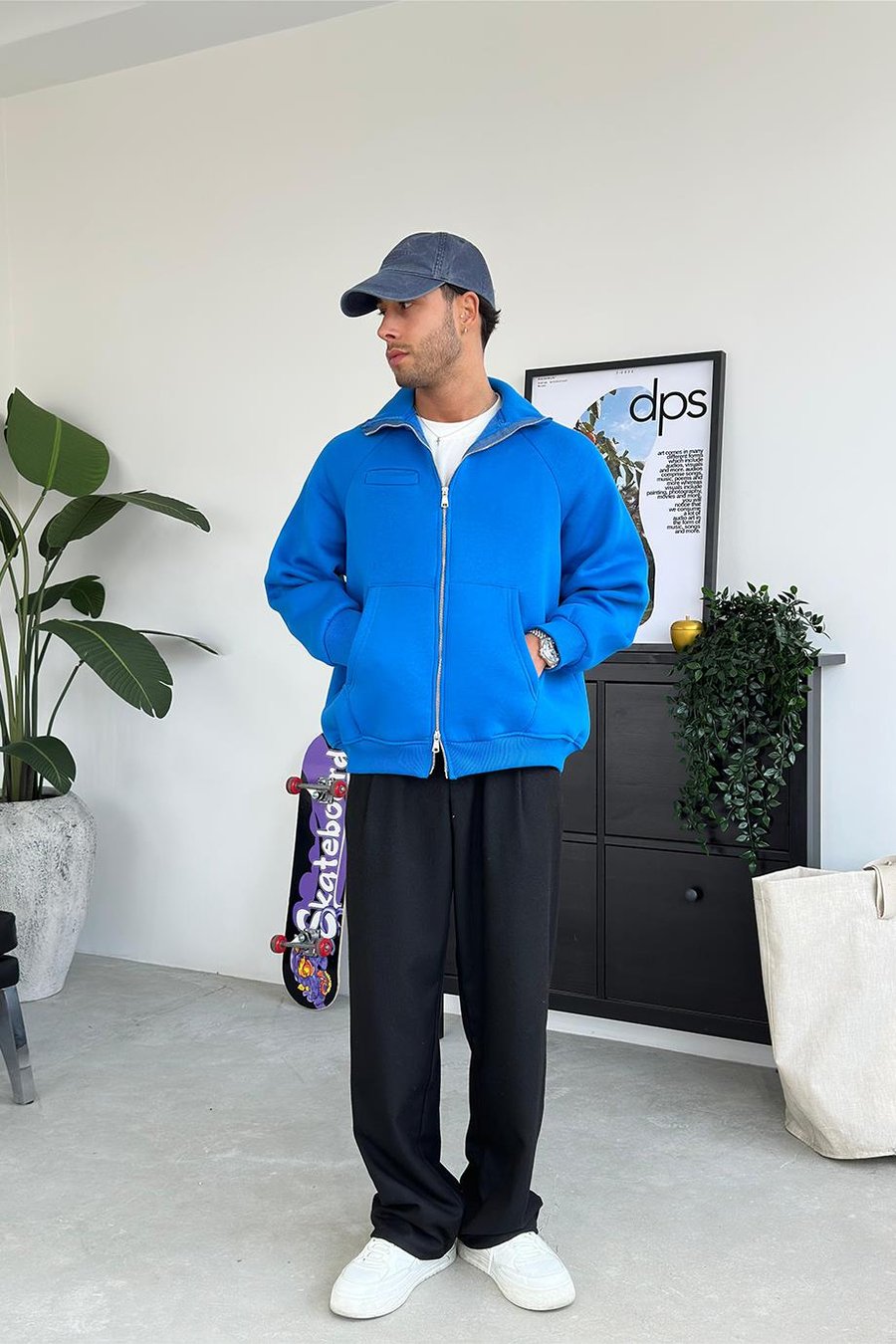 Saks Mavi Cozy Basic Çift Fermuar Oversize Sweatshirt