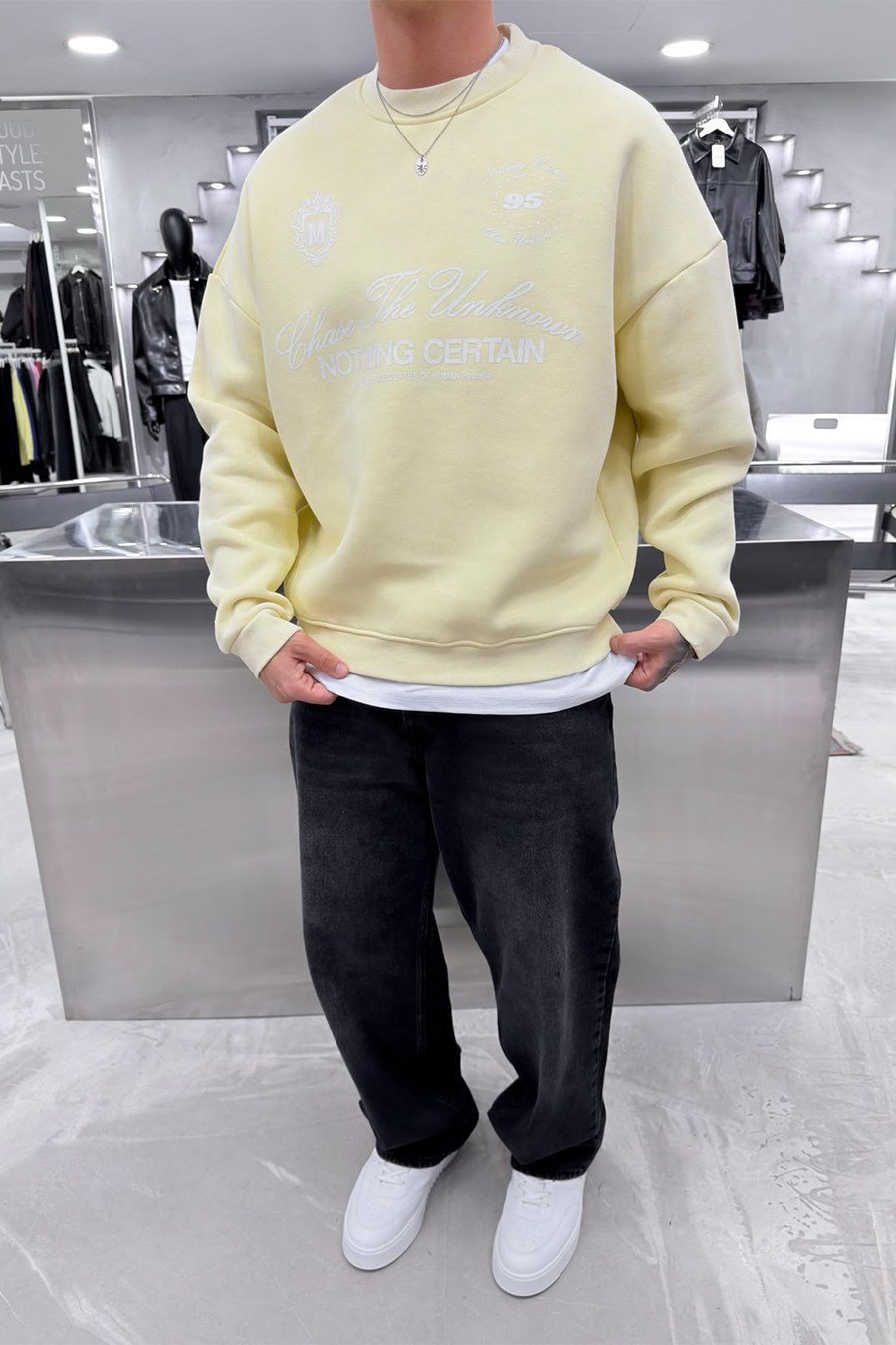 Sarı Nothing Baskılı Yıkamalı Oversize Sweatshirt