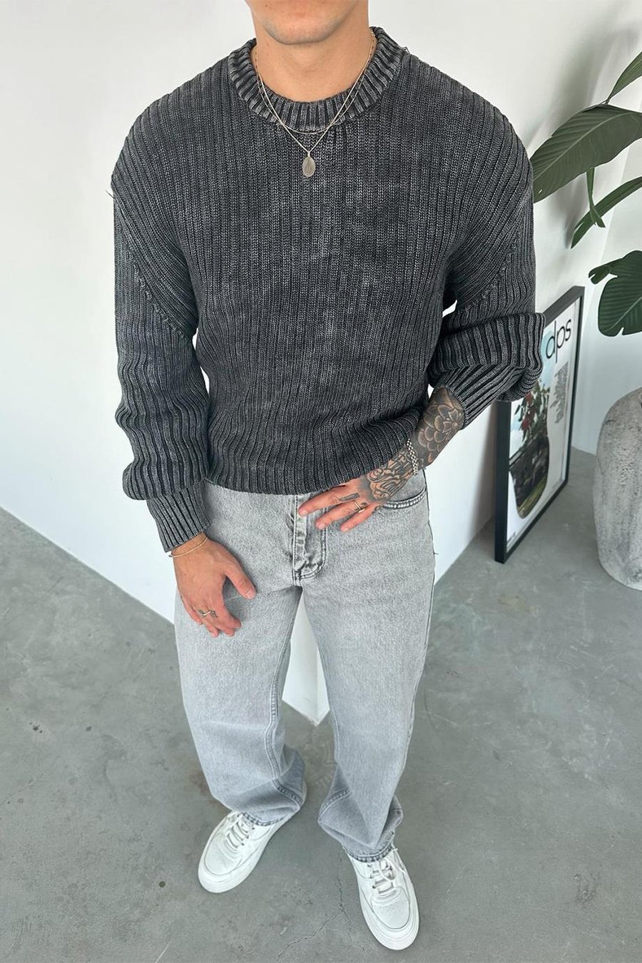 Siyah Acid Wash Fitilli Oversize Triko Kazak