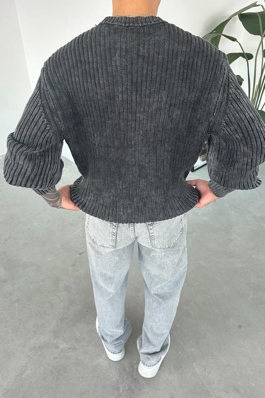 Siyah Acid Wash Fitilli Oversize Triko Kazak