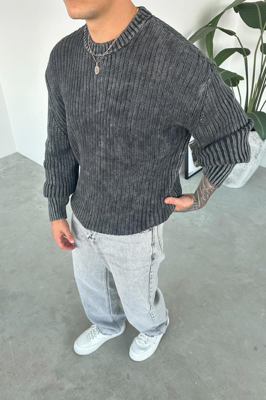 Siyah Acid Wash Fitilli Oversize Triko Kazak