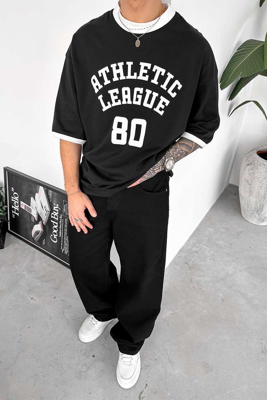 Siyah Atletic 80 Baskılı Oversize Tişört