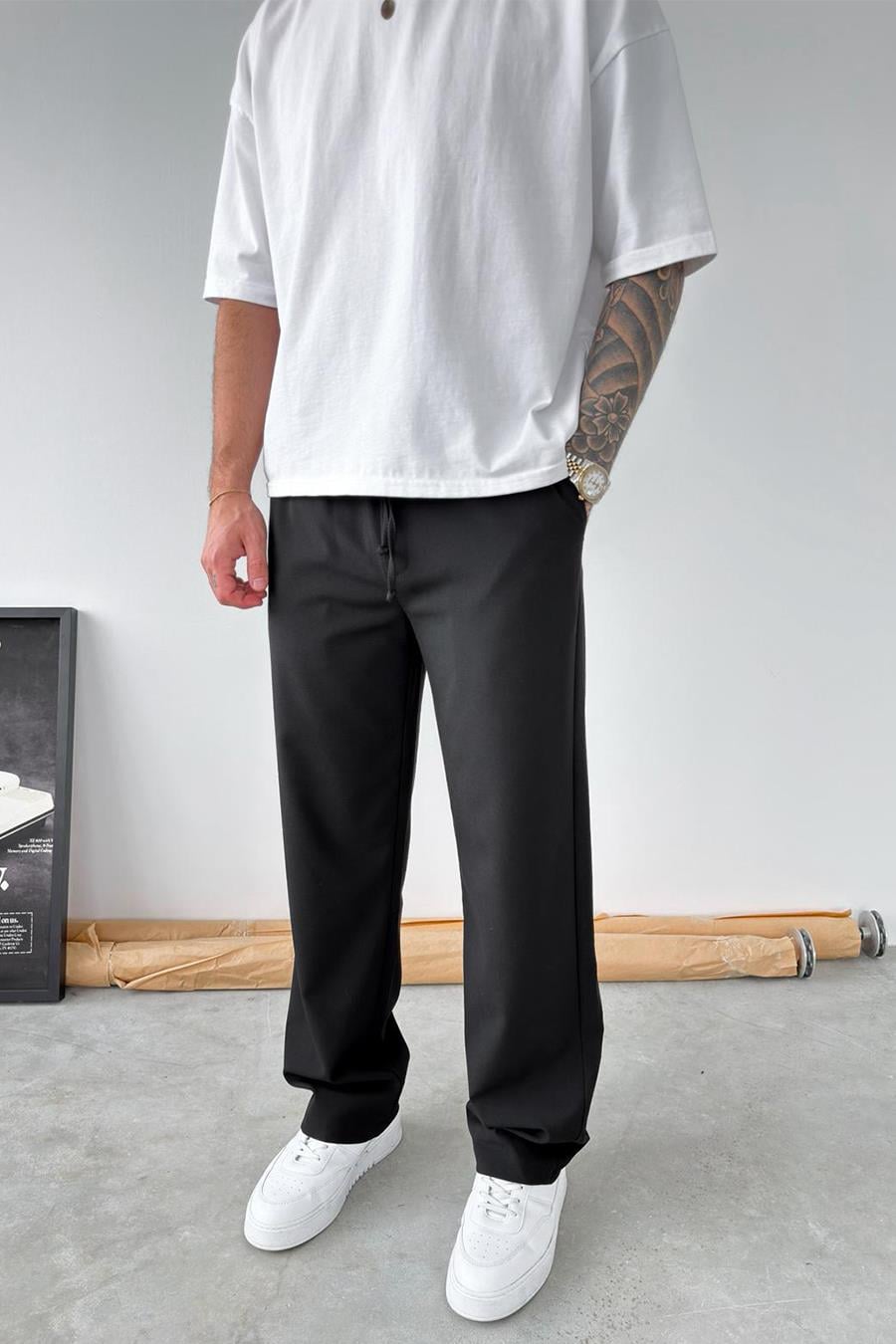 Siyah Basic Beli Lastikli Baggy Kumaş Pantolon