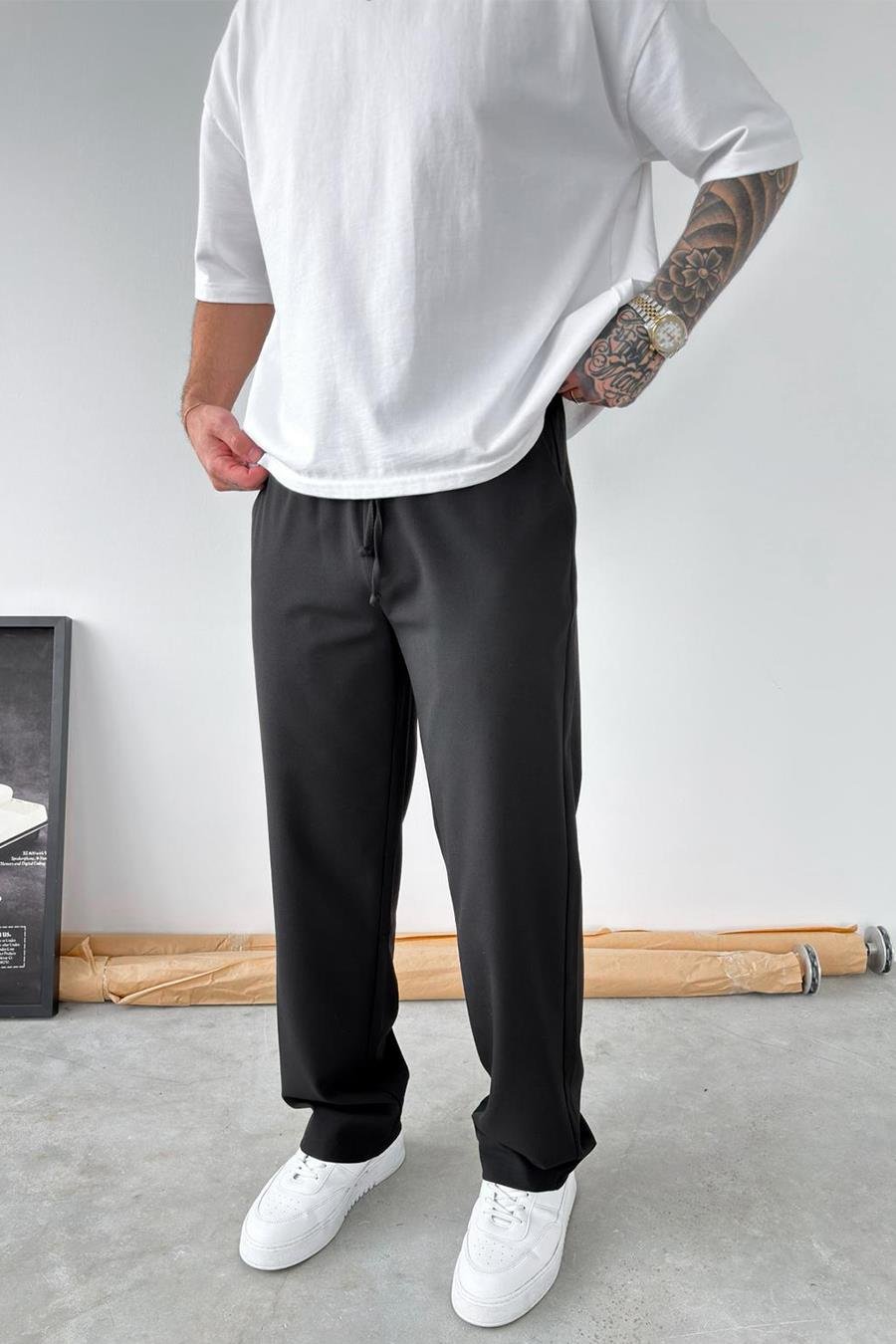 Siyah Basic Beli Lastikli Baggy Kumaş Pantolon