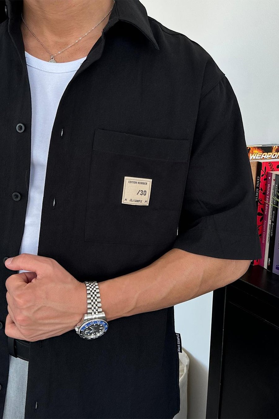 Siyah Basic Cep Patch Detay Kısa Kollu Oversize Gömlek