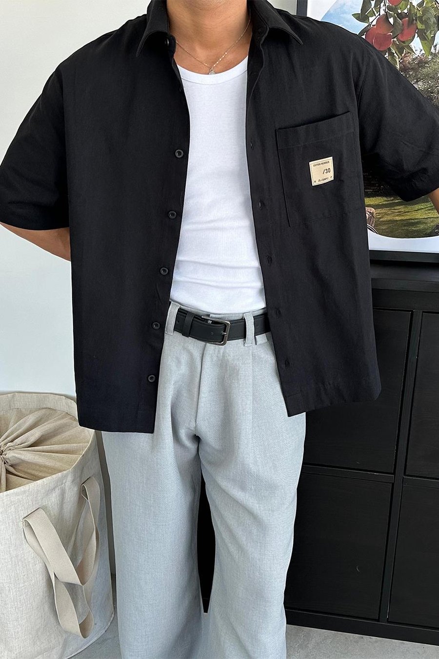 Siyah Basic Cep Patch Detay Kısa Kollu Oversize Gömlek