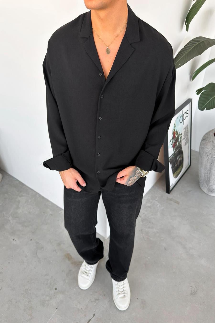 Siyah Basic Dokulu Relaxed Gömlek
