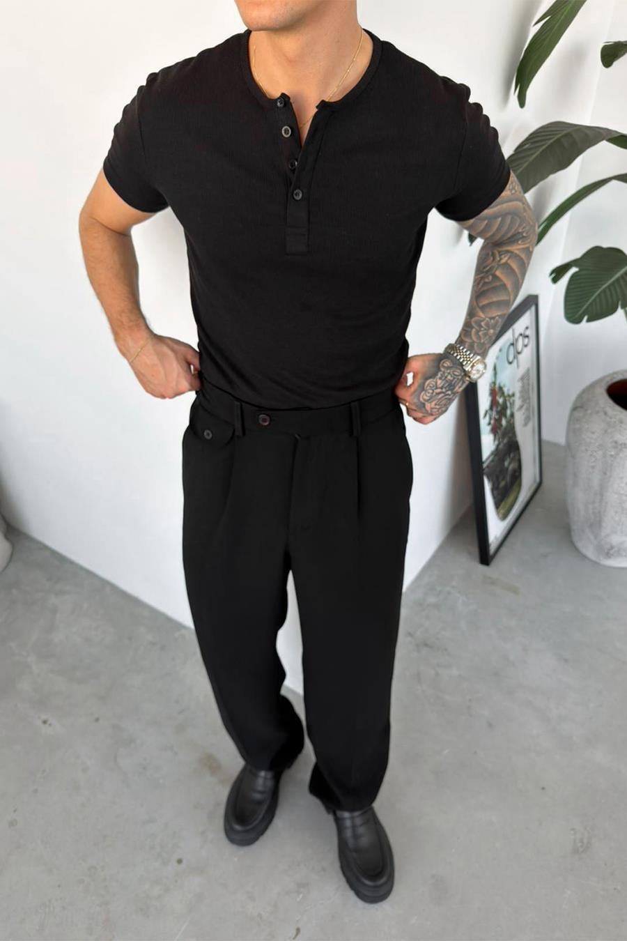 Siyah Basic Fitilli Düğmeli Yaka Relax Fit Kısa Kollu Tişört