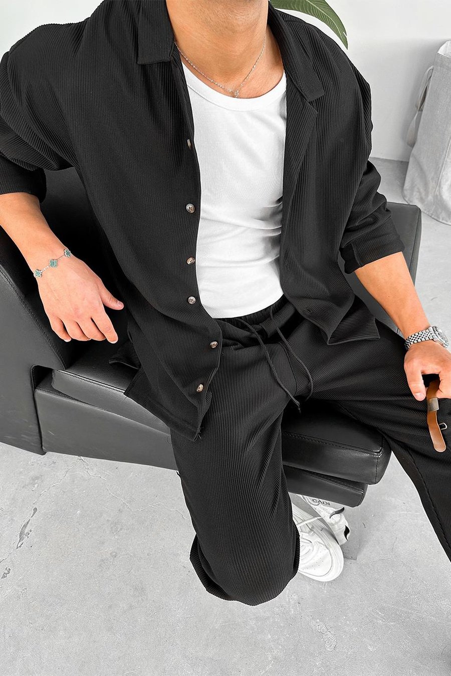 Siyah Basic Fitilli Likralı Relaxed Gömlek