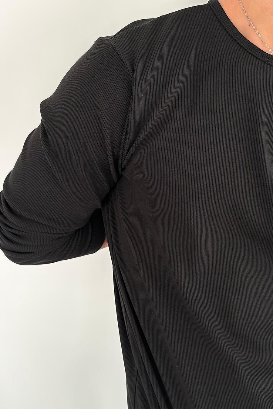 Siyah Basic Fitilli Relax Fit Uzun Kollu Tişört