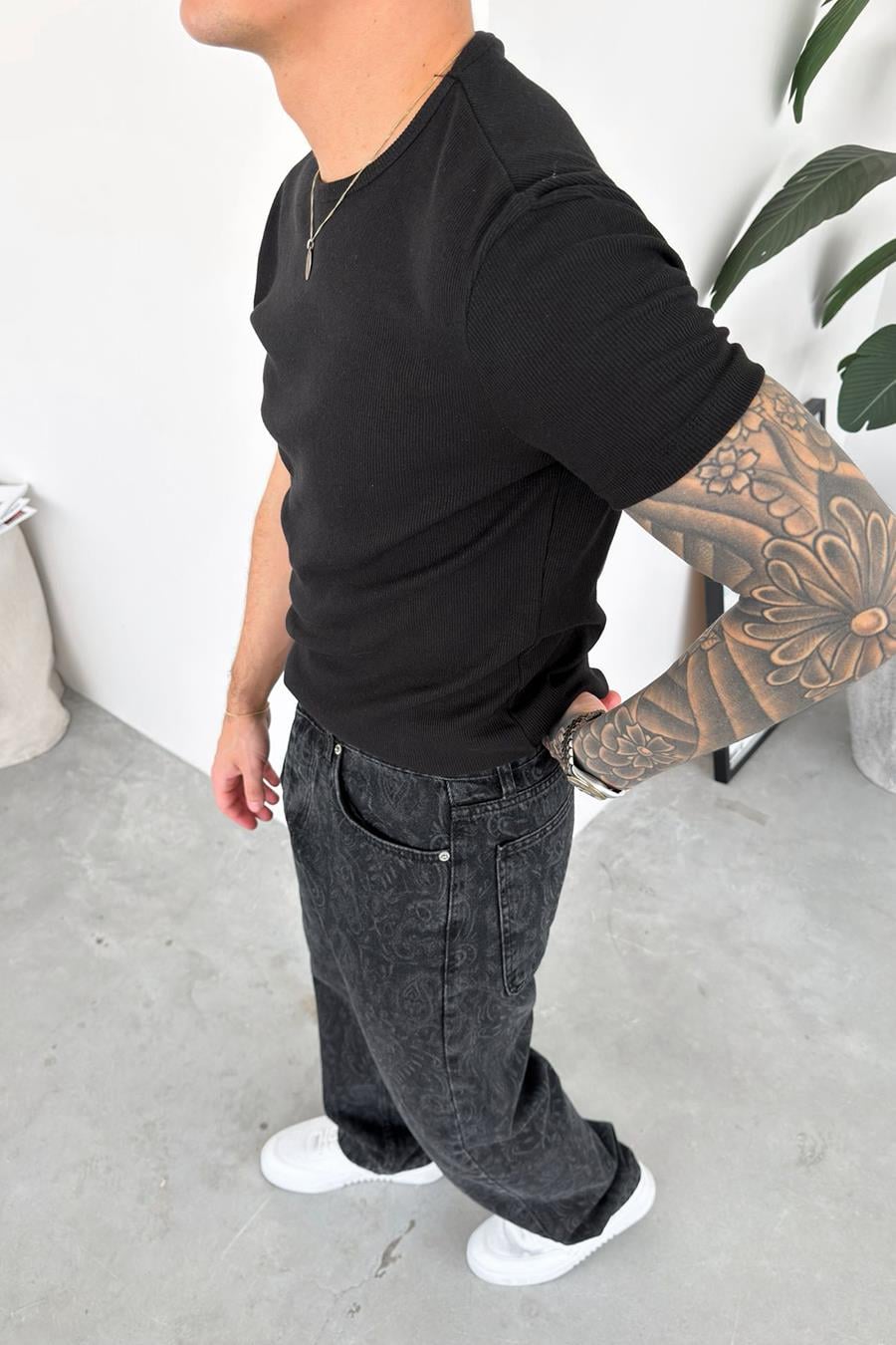 Siyah Basic Fitilli Relaxed Tişört