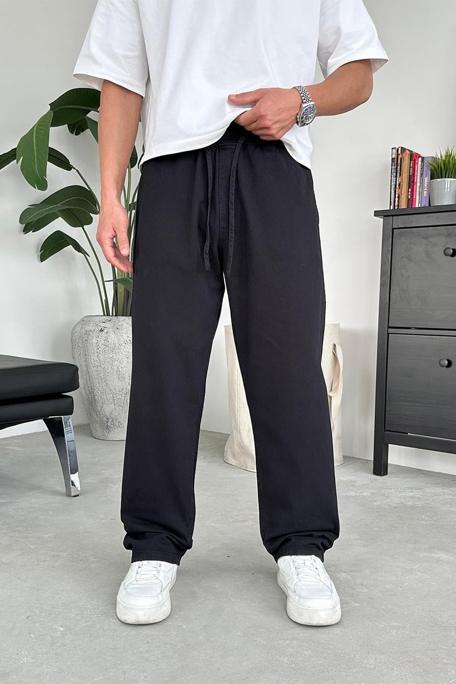Siyah Basic Gabardin Beli Lastikli Pantolon