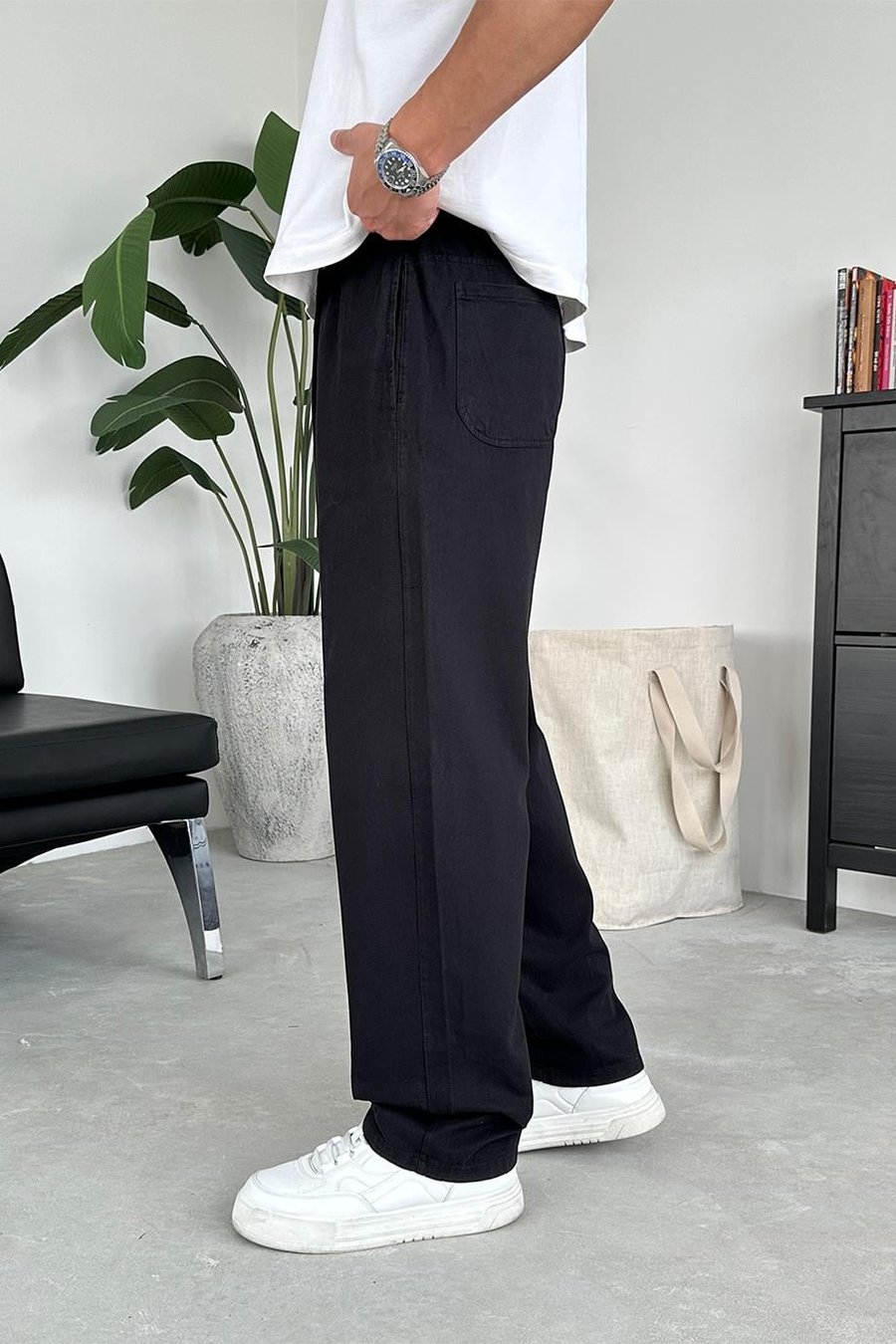 Siyah Basic Gabardin Beli Lastikli Pantolon