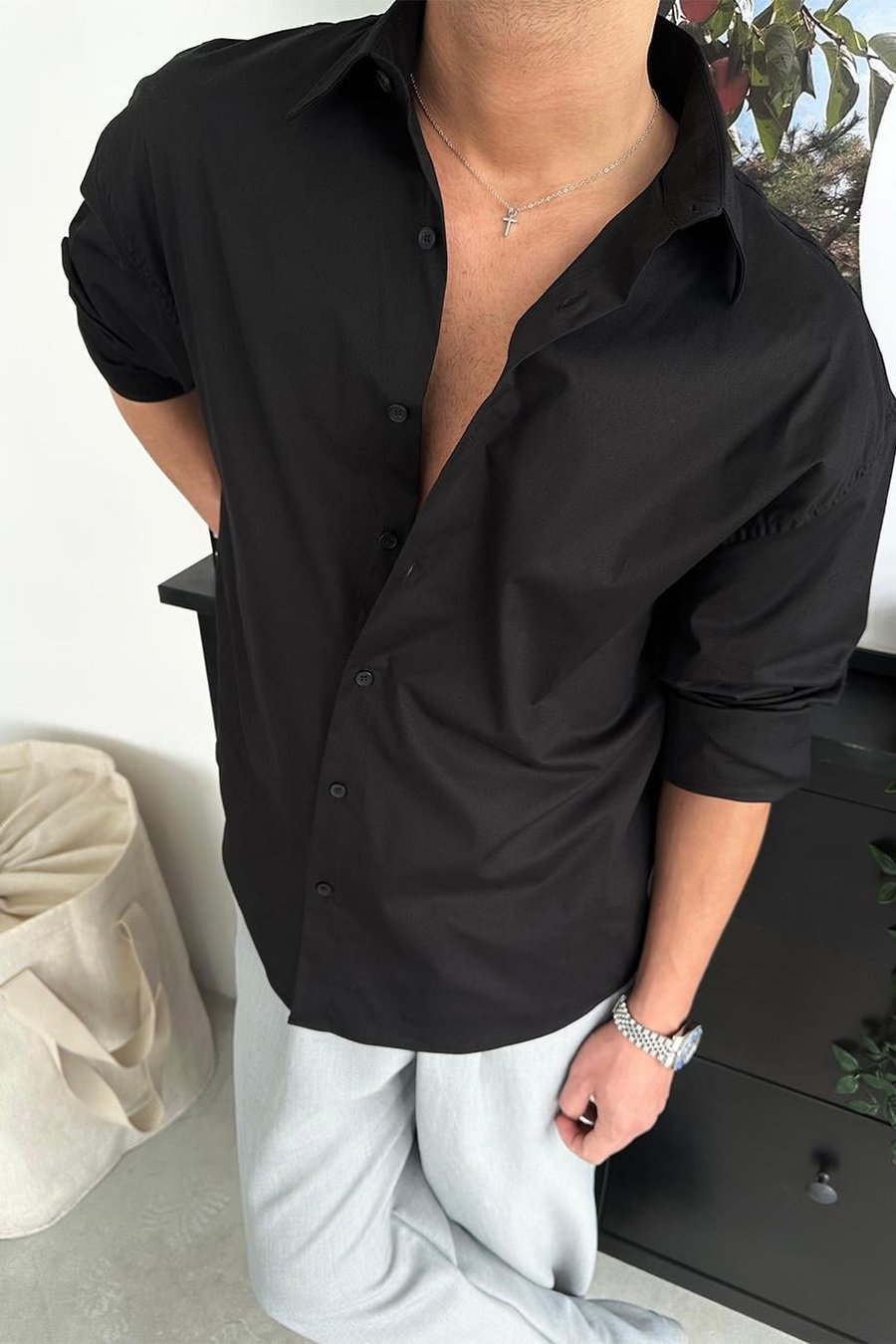 Siyah Basic Oversize Gömlek