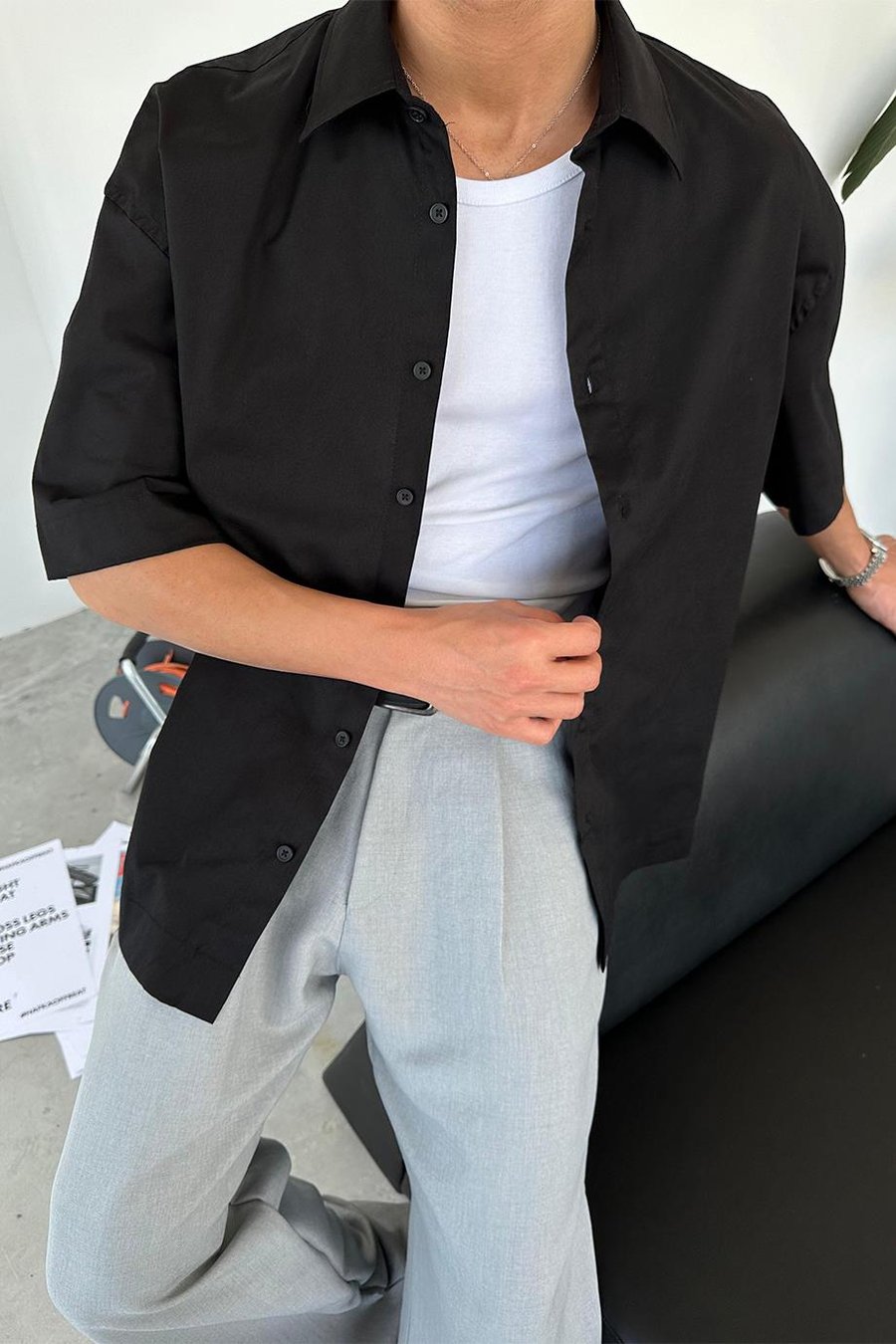 Siyah Basic Oversize Kısa Kollu Gömlek
