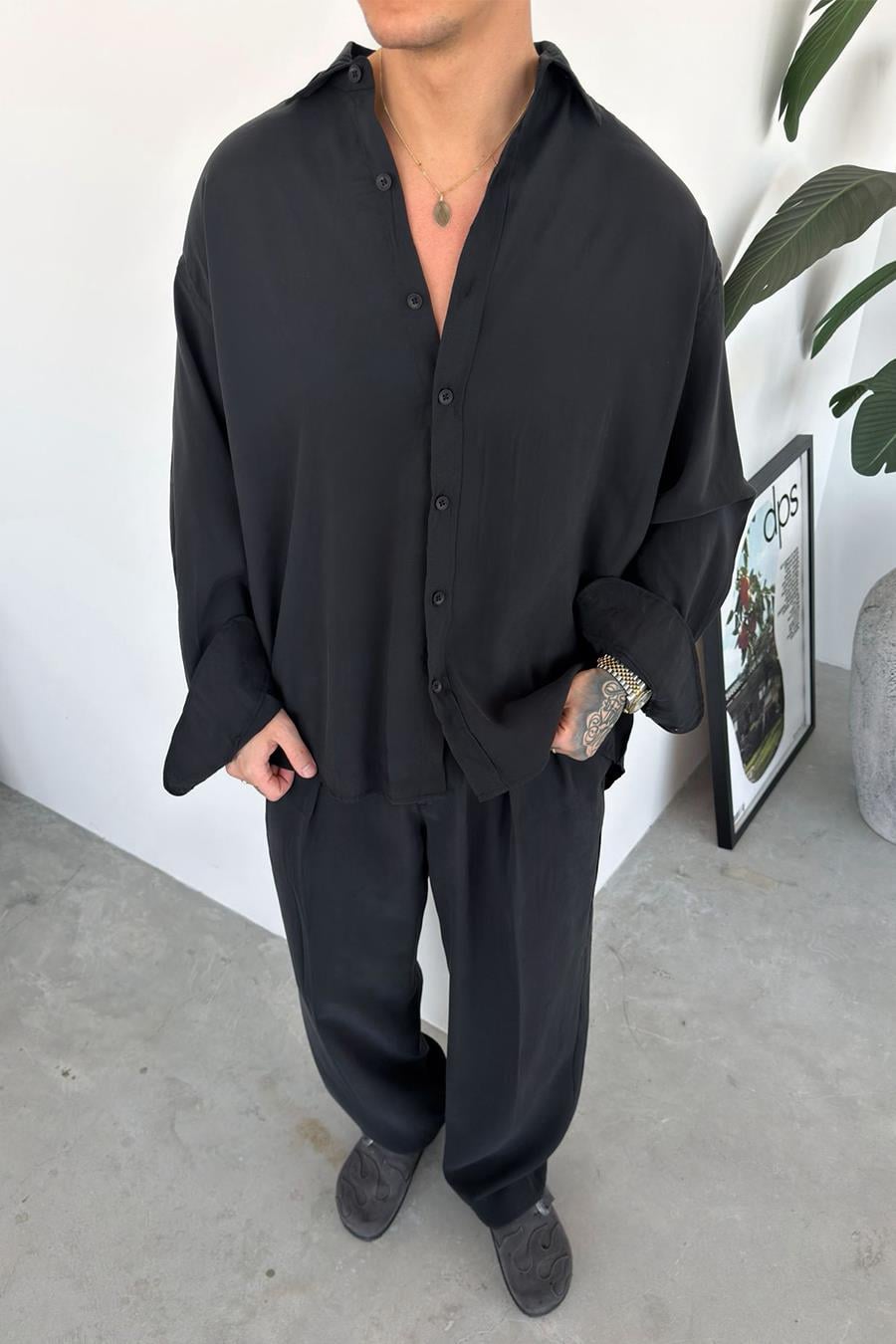 Siyah Basic Oversize Modal Gömlek