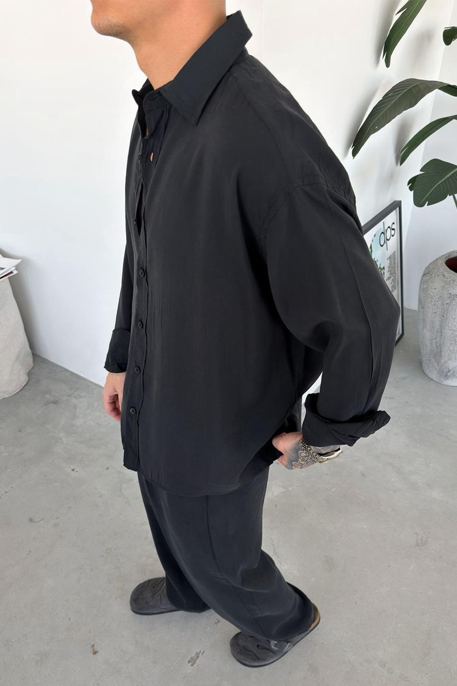 Siyah Basic Oversize Modal Gömlek