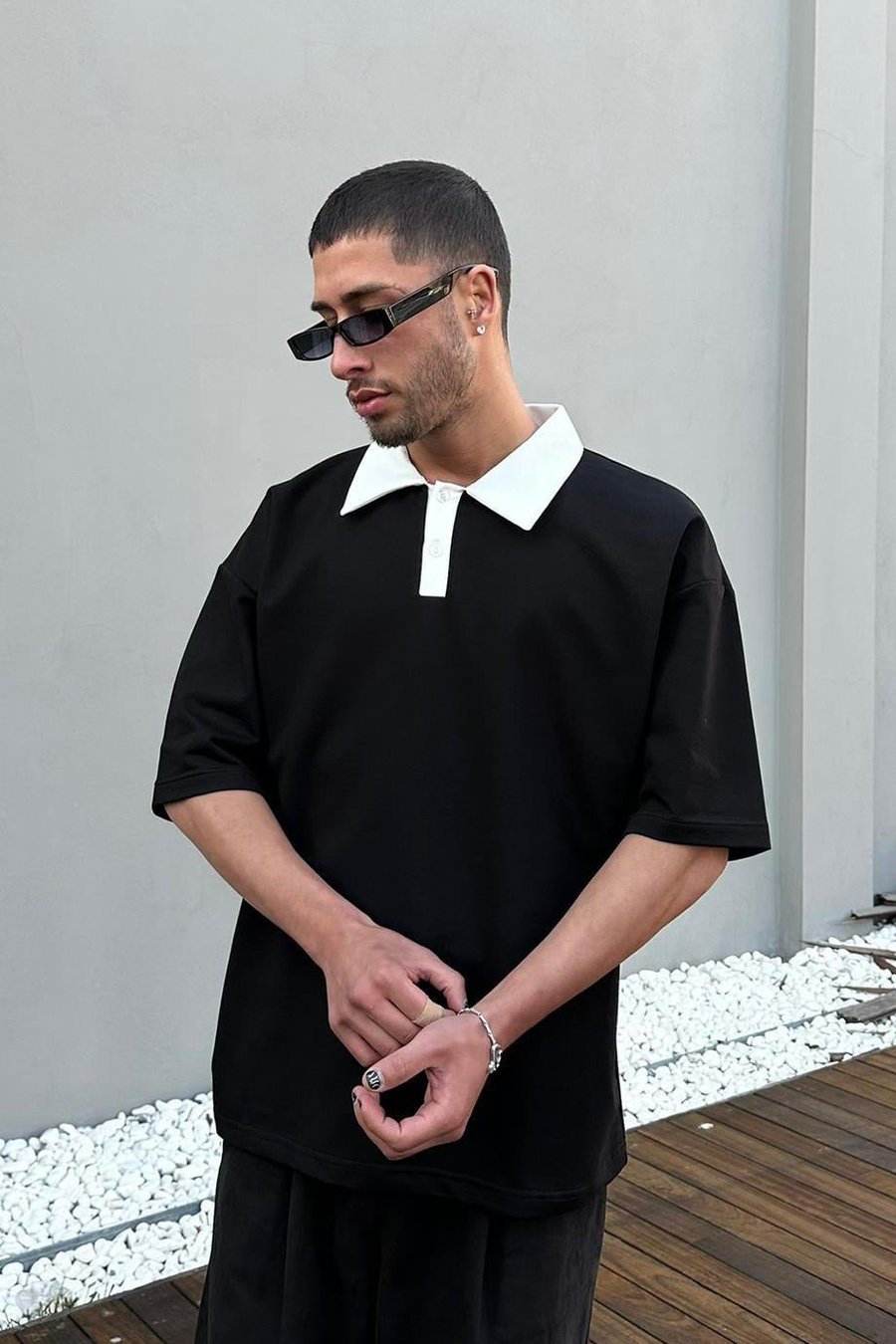 SİYAH Basic Polo Yaka OUTPLENTY PREMİUM Oversize Tişört