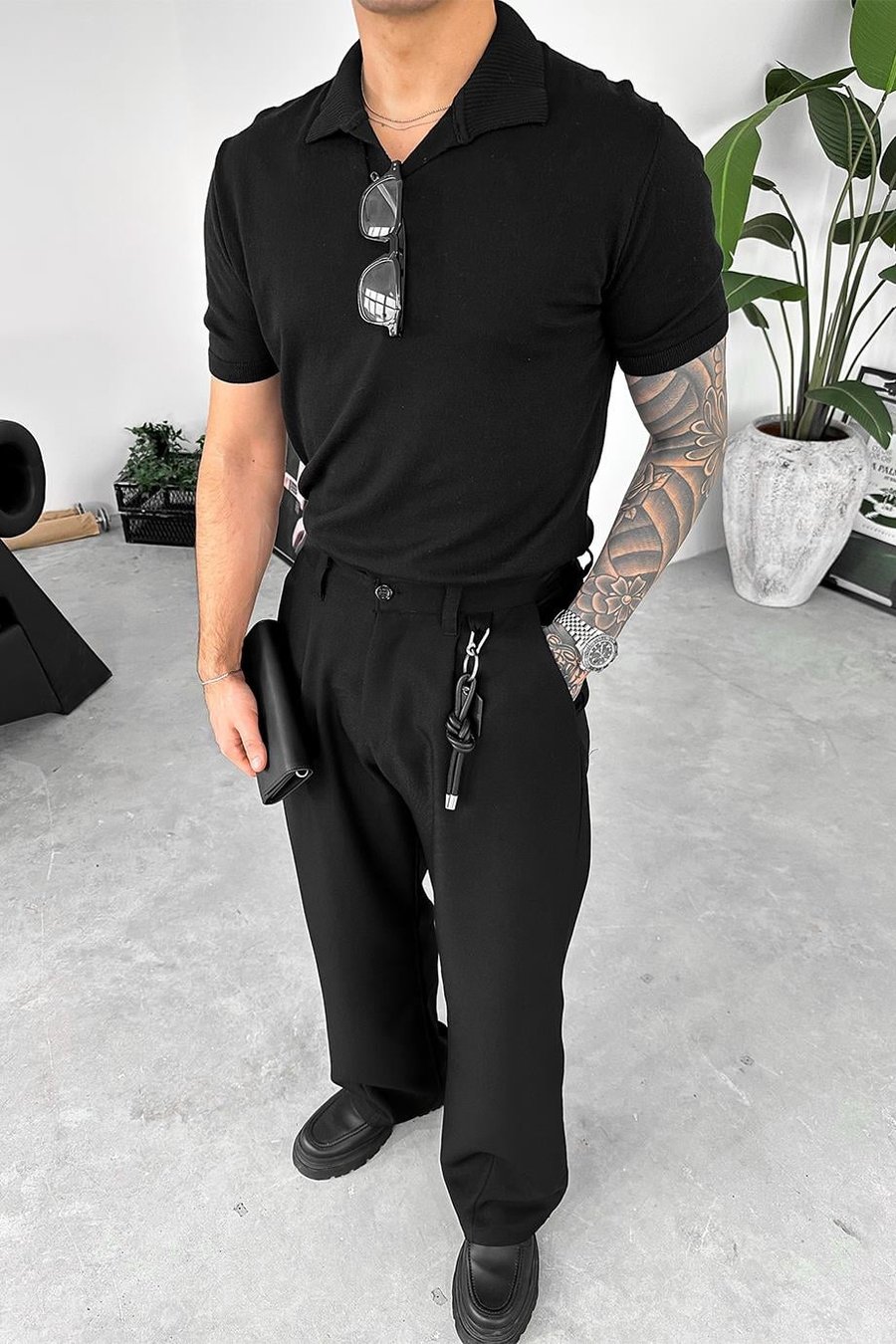 Siyah Basic Polo Yaka Triko Relaxed Tişört