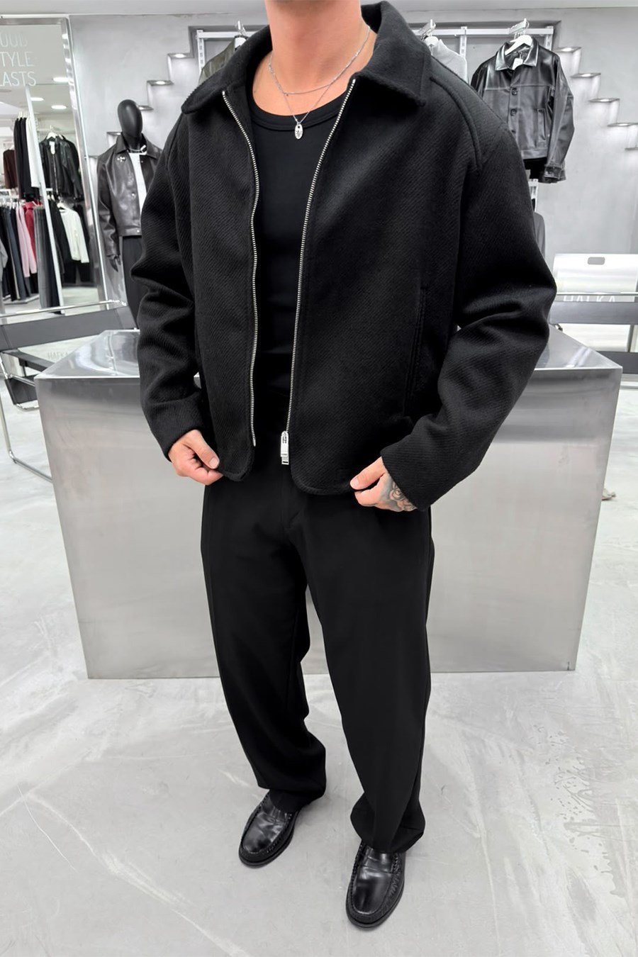 Siyah Basic Premium Diagonel Kaşe Ceket