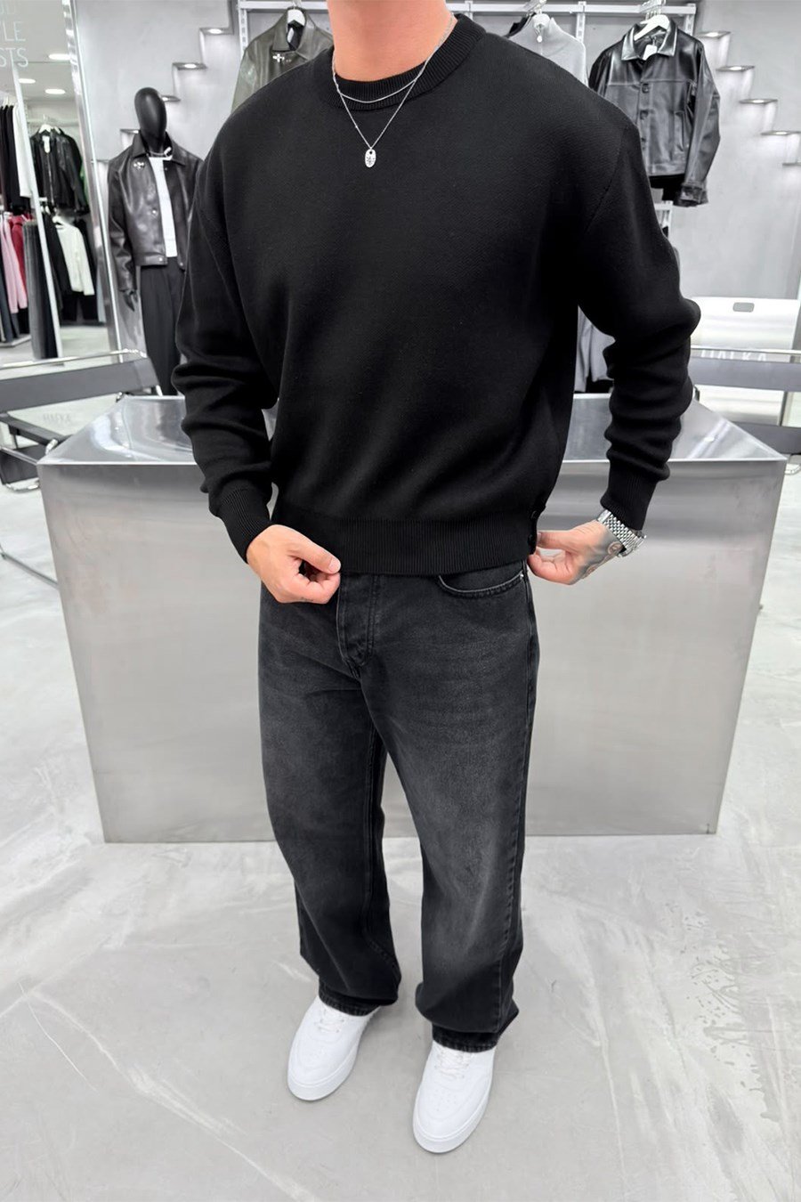 Siyah Basic Premium Düğme Detaylı Boxy Fit Kazak