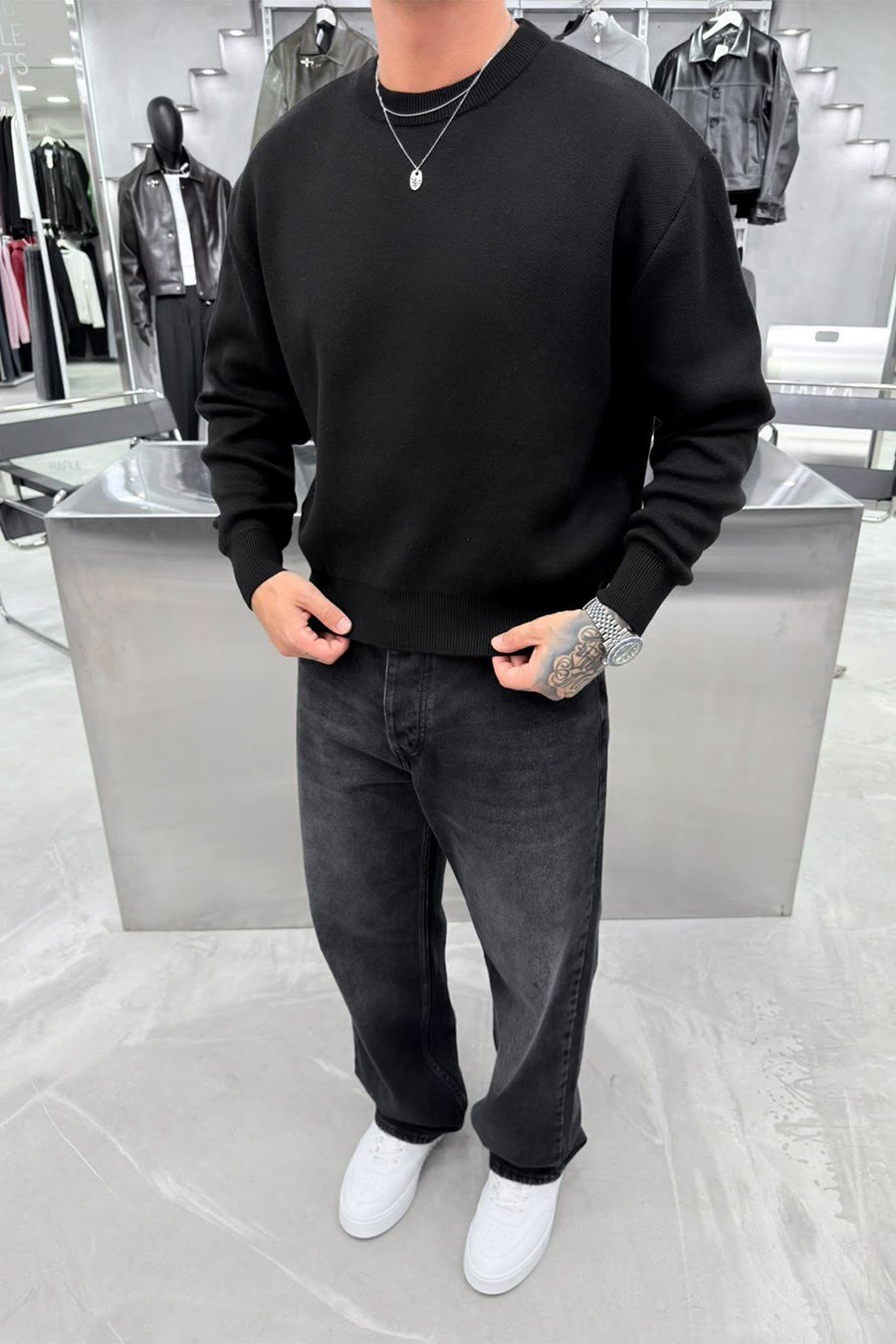 Siyah Basic Premium Düğme Detaylı Boxy Fit Kazak