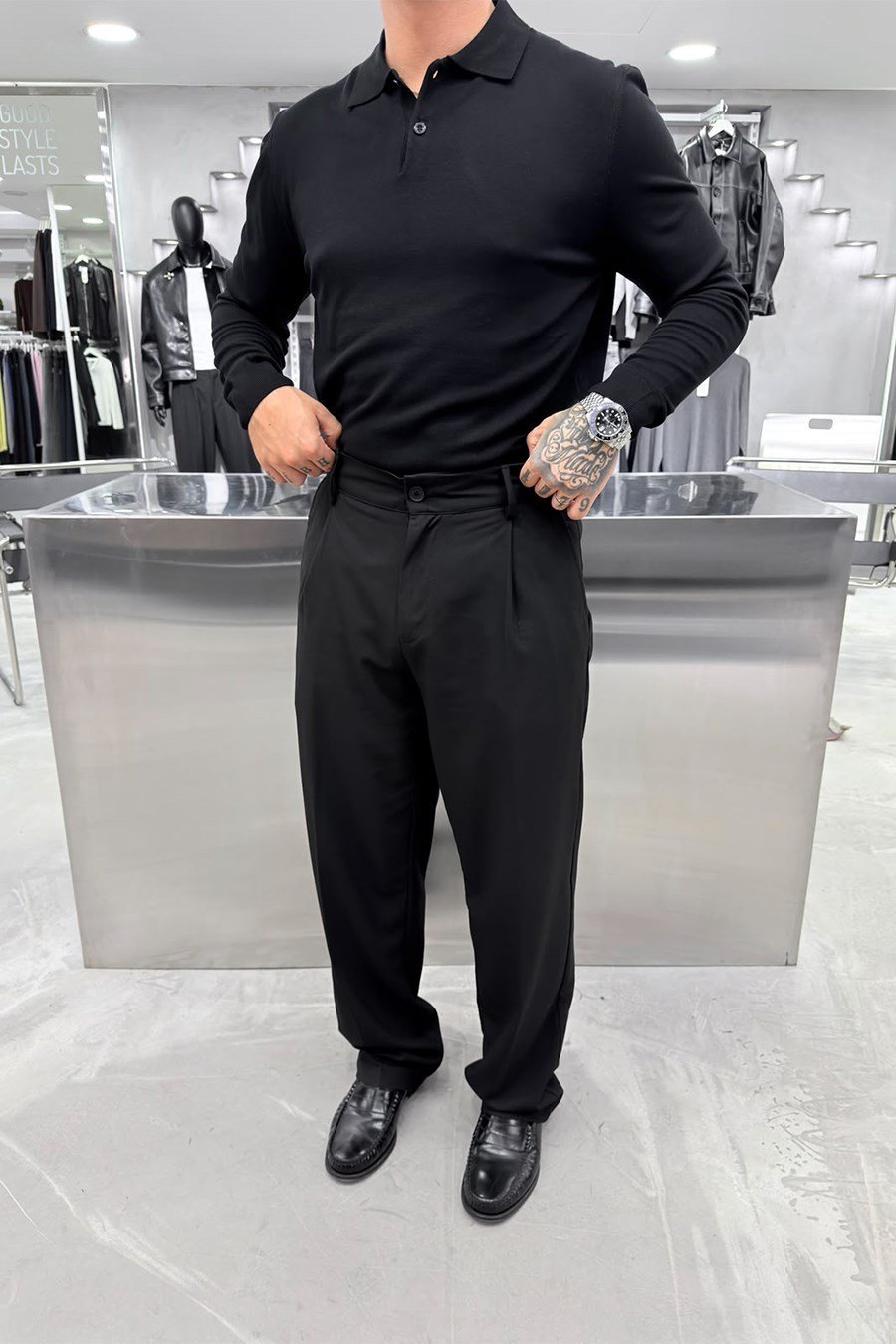 Siyah Basic Premium Oversize Polo Yaka Tişört