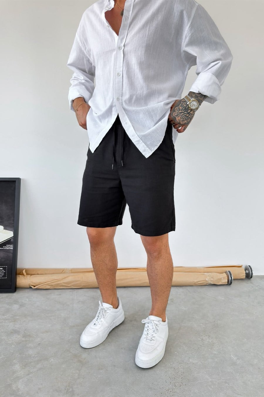 Siyah Basic Relax Fit Keten Şort