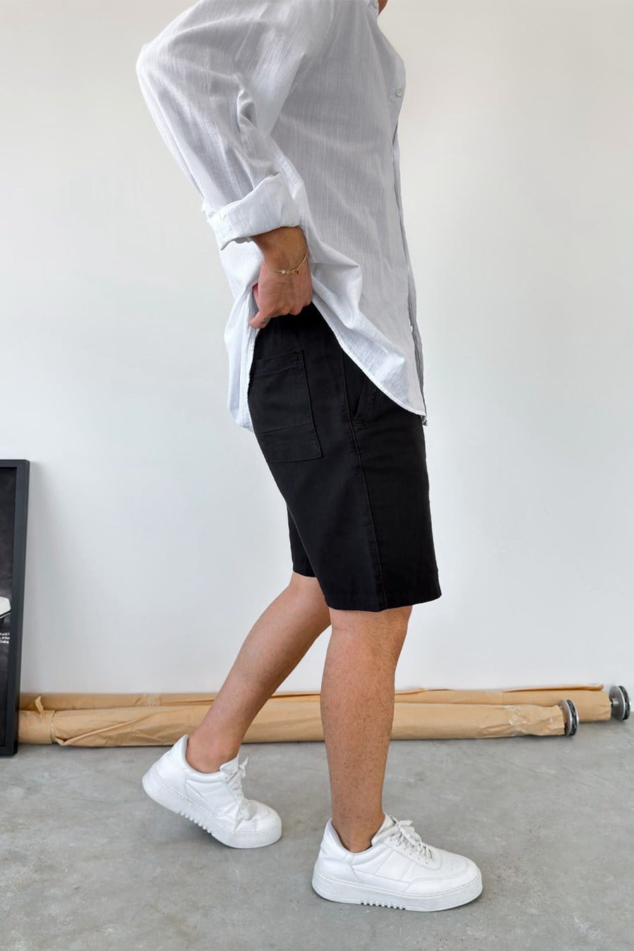Siyah Basic Relax Fit Keten Şort