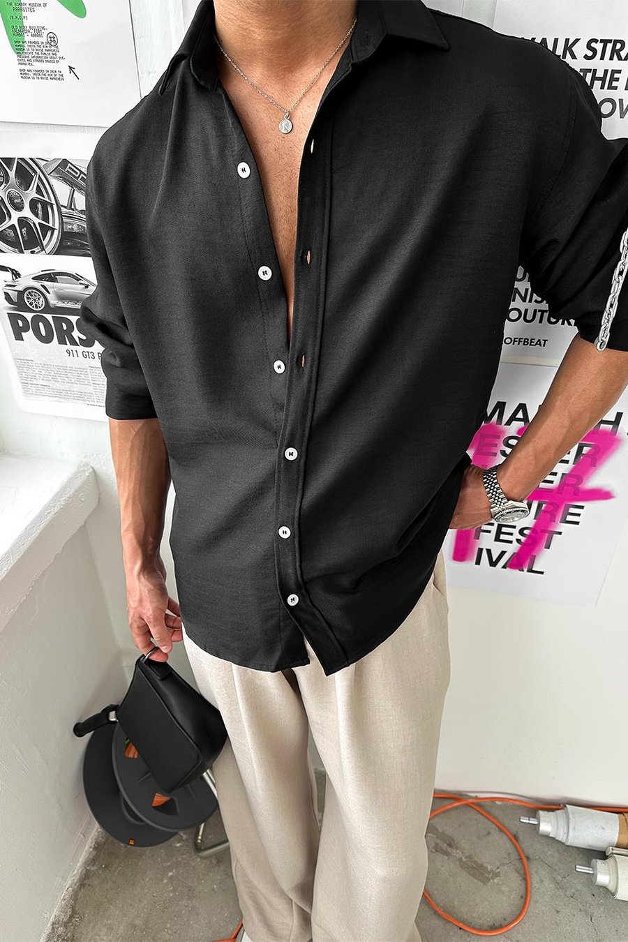 Siyah Basic Relaxed Gömlek