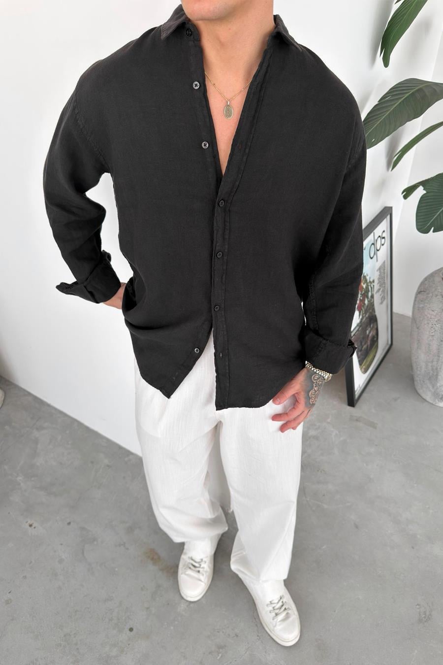 Siyah Basic Relaxed Ham Keten Gömlek