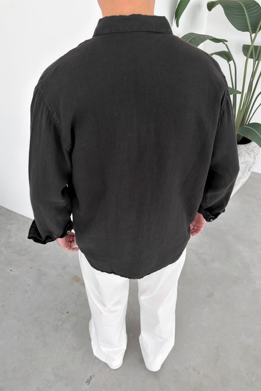 Siyah Basic Relaxed Ham Keten Gömlek