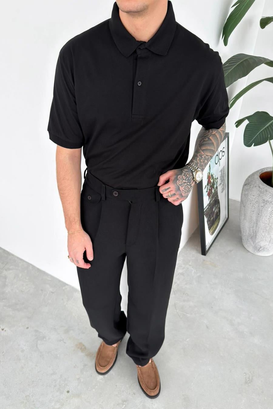 Siyah Basic Relaxed Polo Yaka Tişört