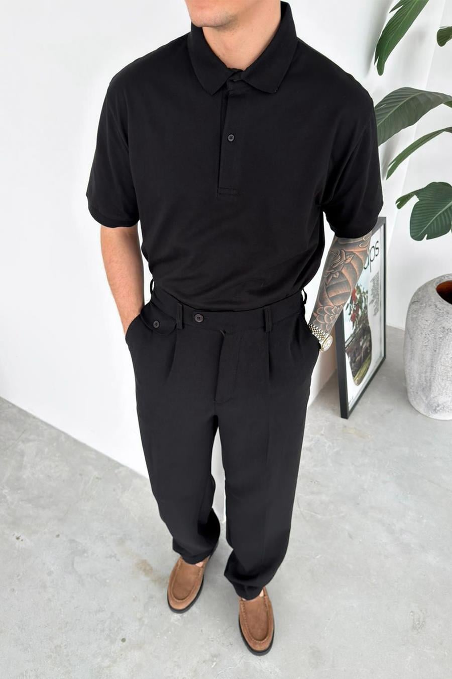 Siyah Basic Relaxed Polo Yaka Tişört