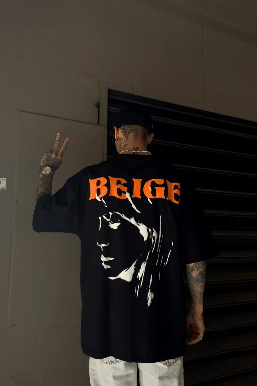 SİYAH Beige Oversize Tişört