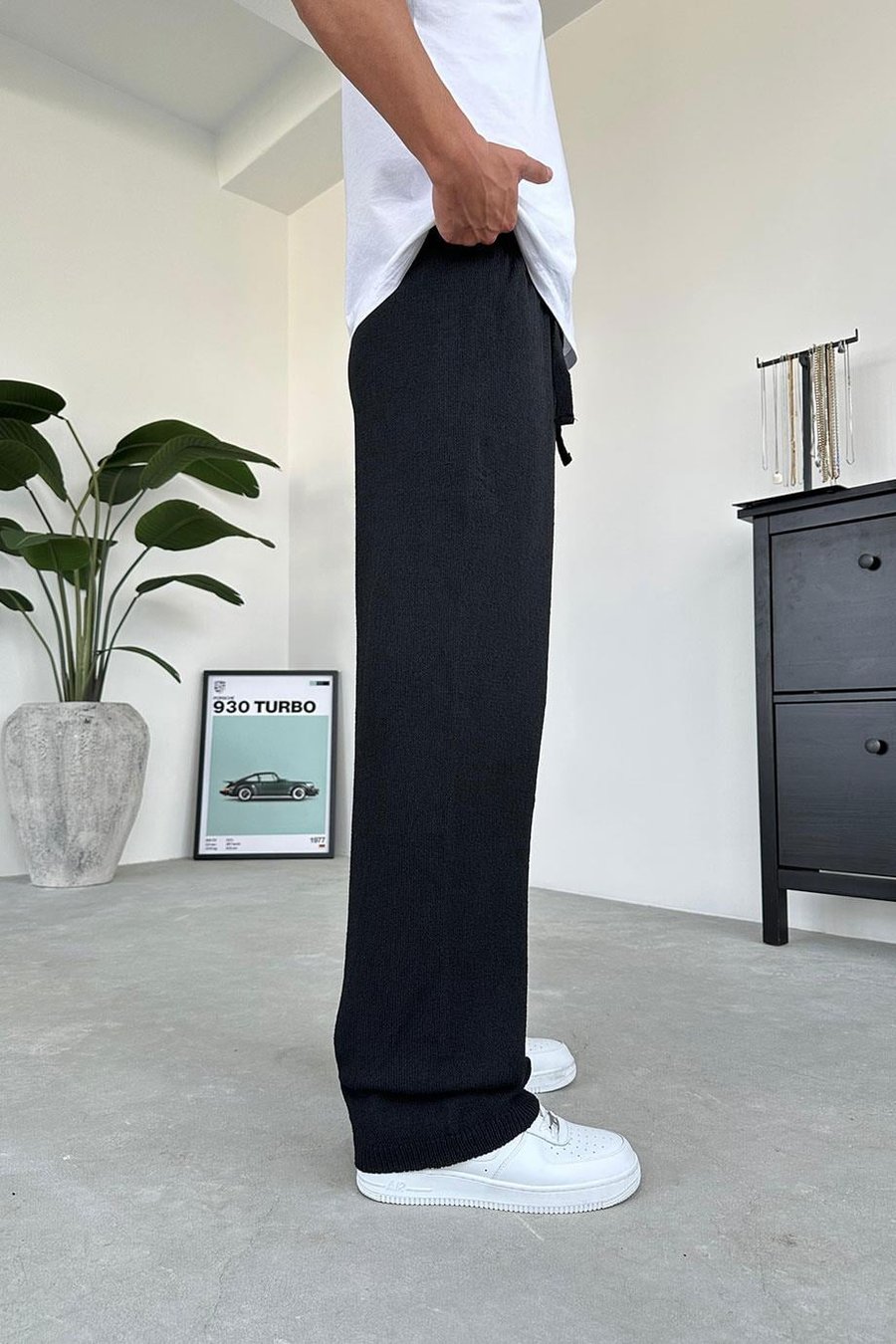 Siyah Beli İp Detay Örme Baggy Pantolon