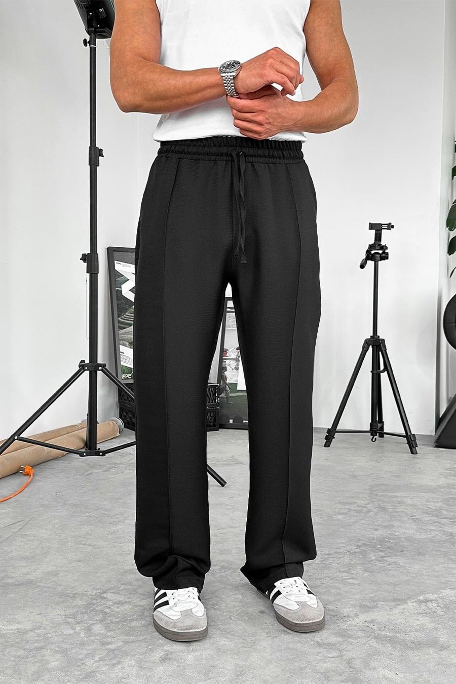 Siyah Beli İpli Çımalı Relaxed Pantolon