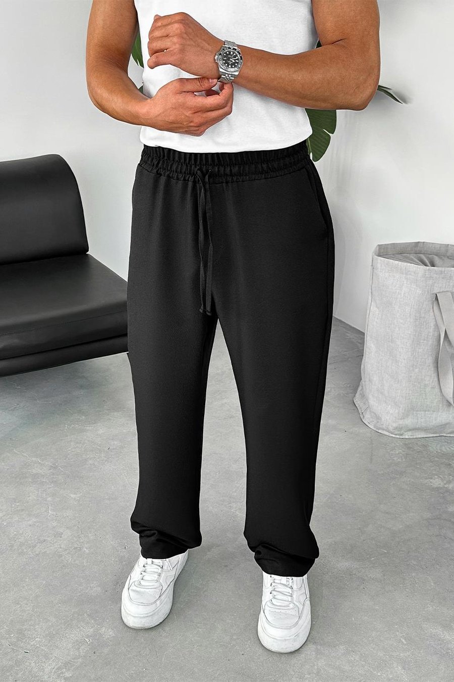 Siyah Beli İpli Relaxed Pantolon