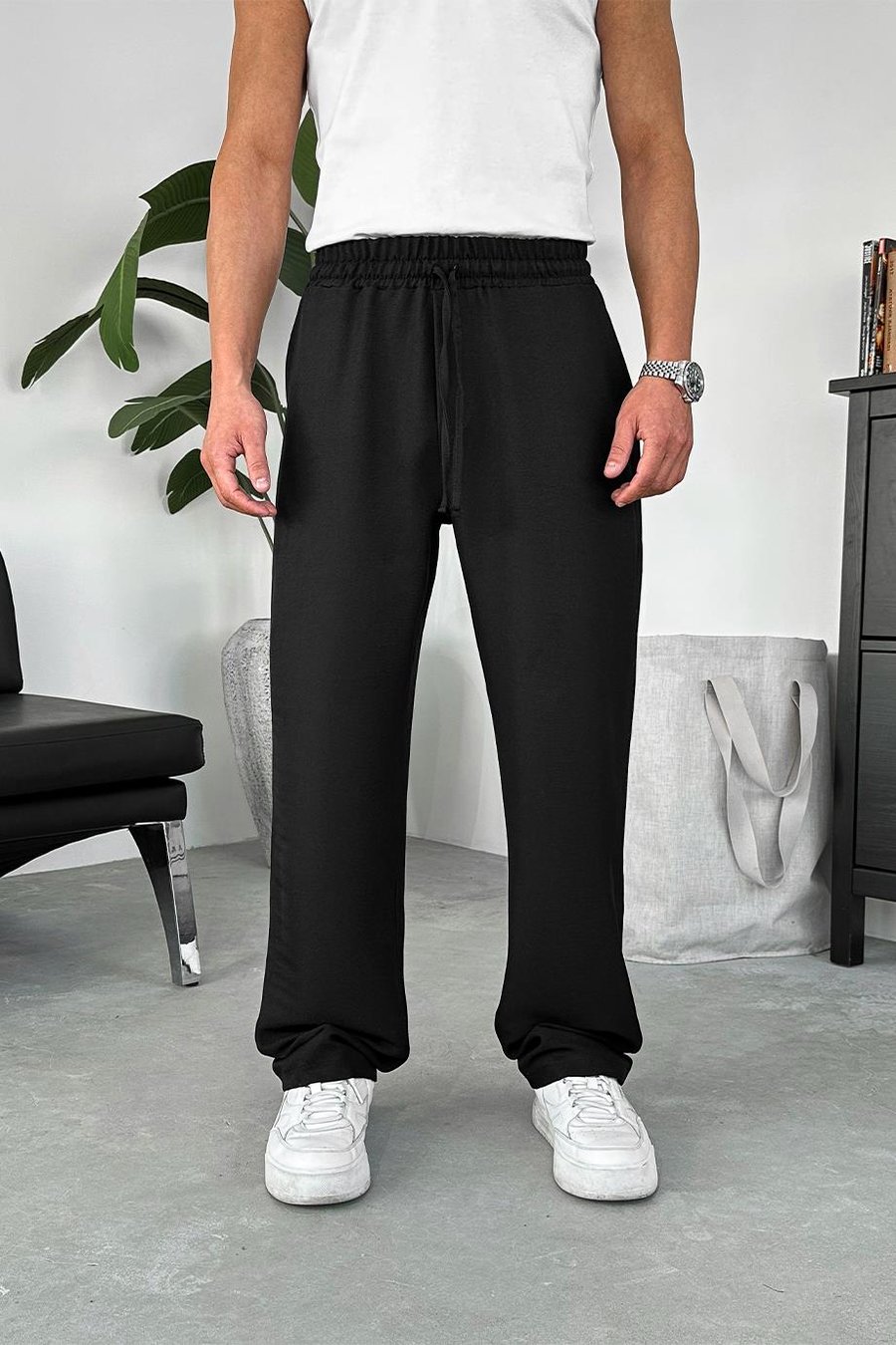 Siyah Beli İpli Relaxed Pantolon