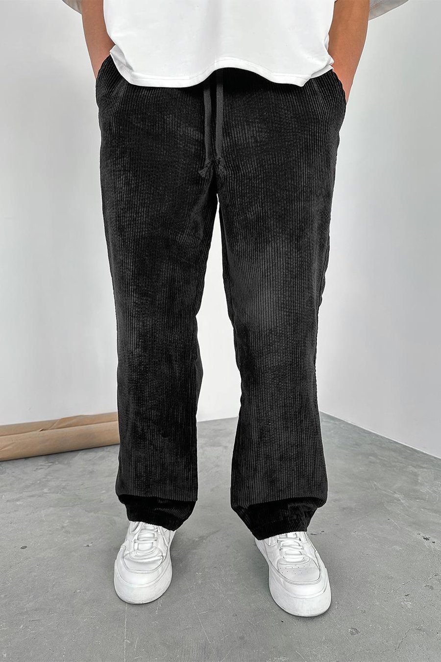 Siyah Beli Lastikli Ayarlanabilir Kadife Baggy Pantolon
