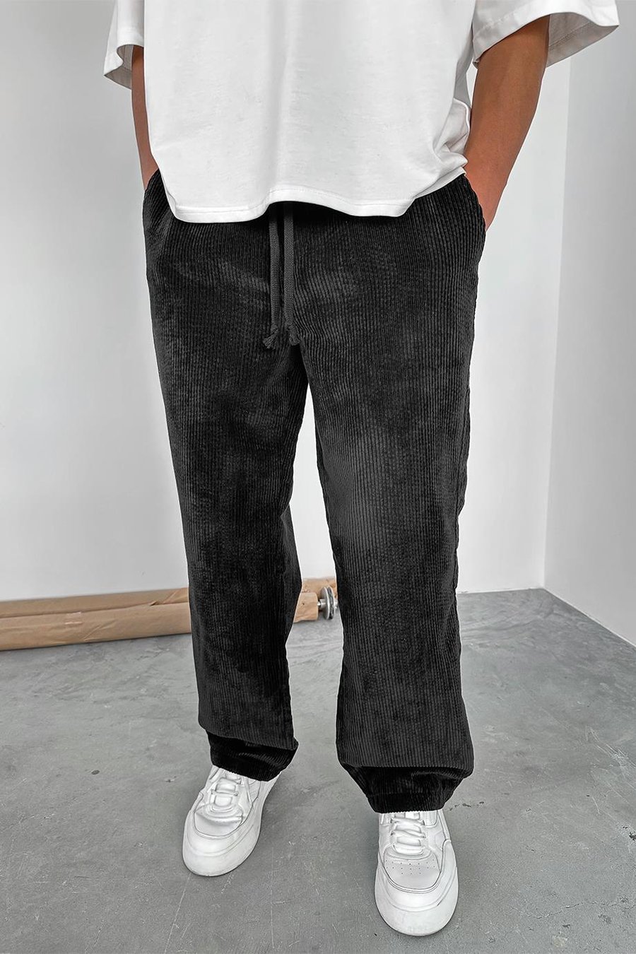 Siyah Beli Lastikli Ayarlanabilir Kadife Baggy Pantolon