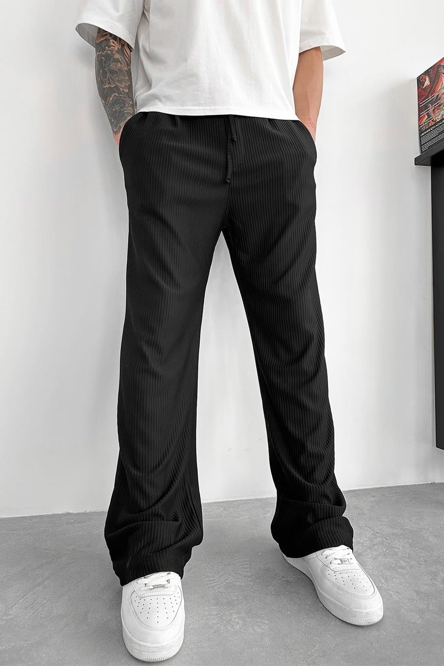 Siyah Beli Lastikli Fitilli Baggy Pantolon