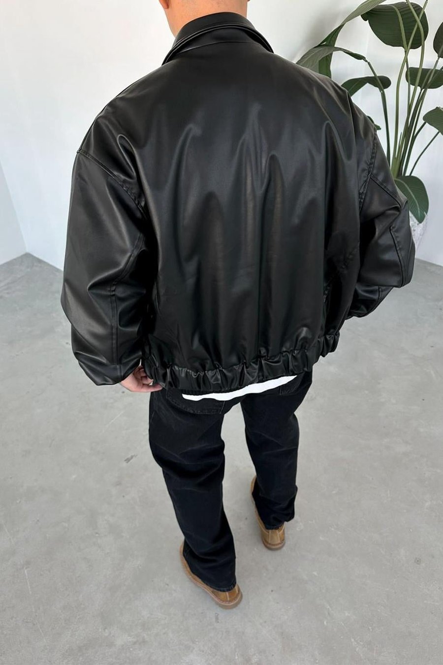 Siyah Beli Lastikli Oversize Deri Ceket