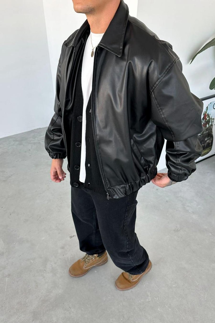 Siyah Beli Lastikli Oversize Deri Ceket