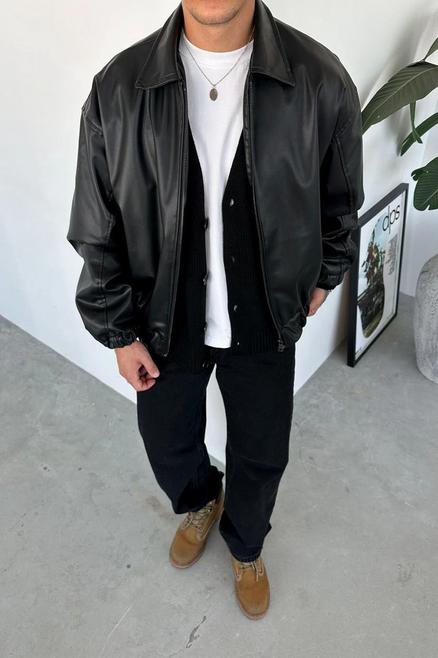 Siyah Beli Lastikli Oversize Deri Ceket