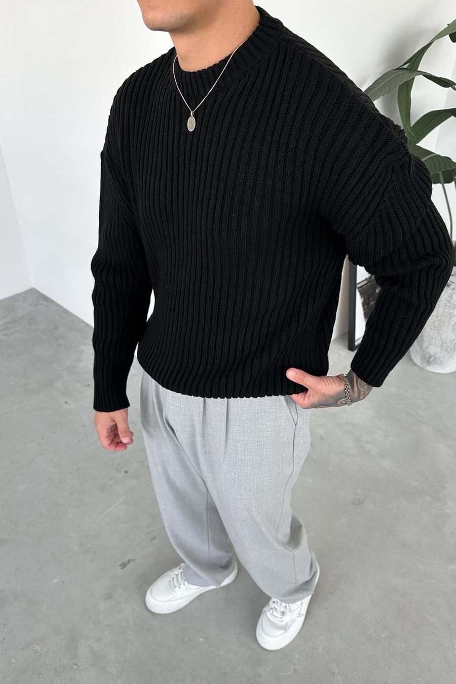 Siyah Bisiklet Yaka Fitilli Oversize Triko Kazak
