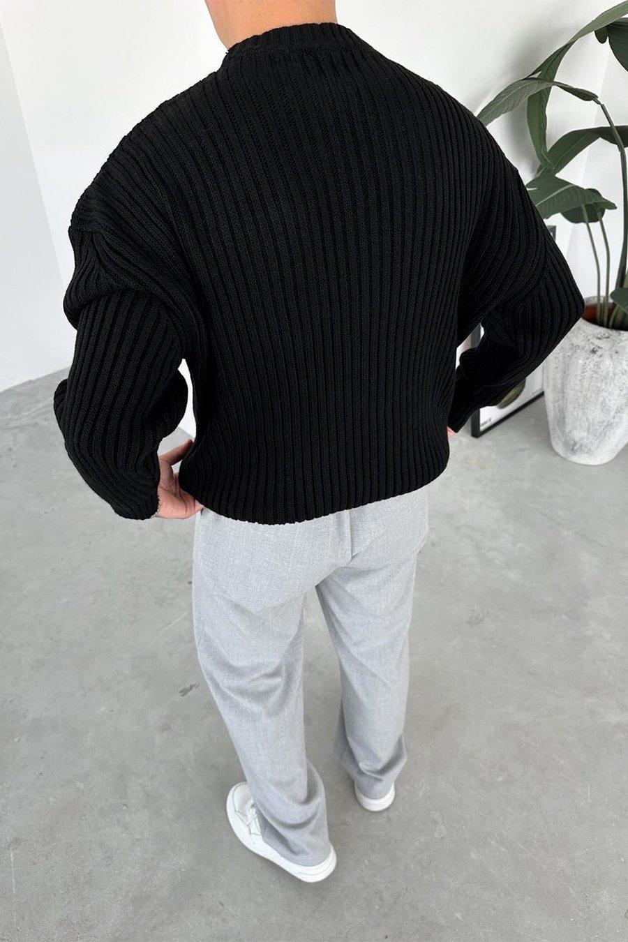Siyah Bisiklet Yaka Fitilli Oversize Triko Kazak